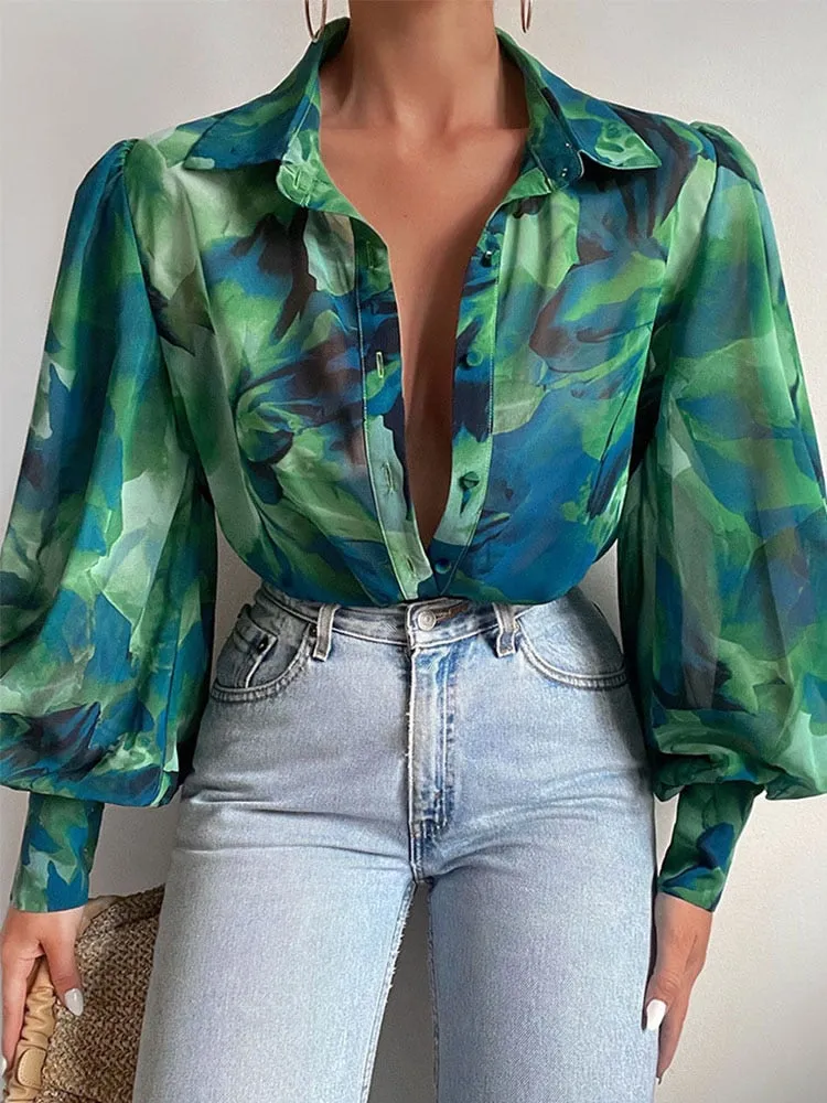 Elegant Women Commute Single-breasted Blouse Spring Fashion Retro Printing Lantern Sleeve Shirts Office Lady Casual Blusa