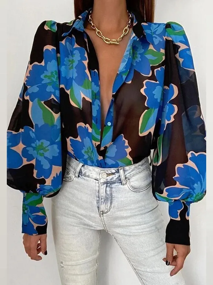 Elegant Women Commute Single-breasted Blouse Spring Fashion Retro Printing Lantern Sleeve Shirts Office Lady Casual Blusa