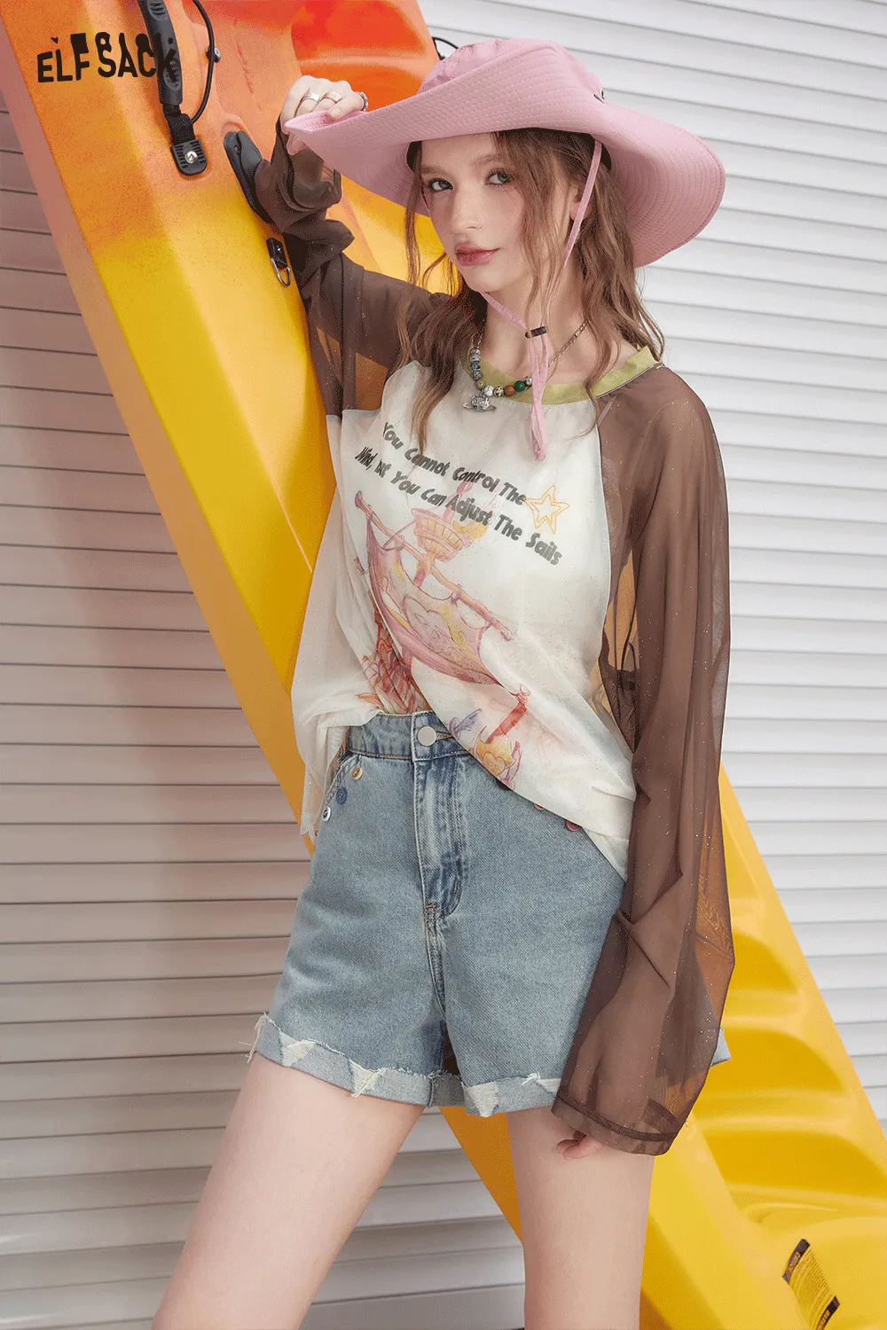 ELFSACK 2024 Summer New Arrivals Shoulder inserted silver printed mesh short sleeved T-shirt for women's casual versatile cover up