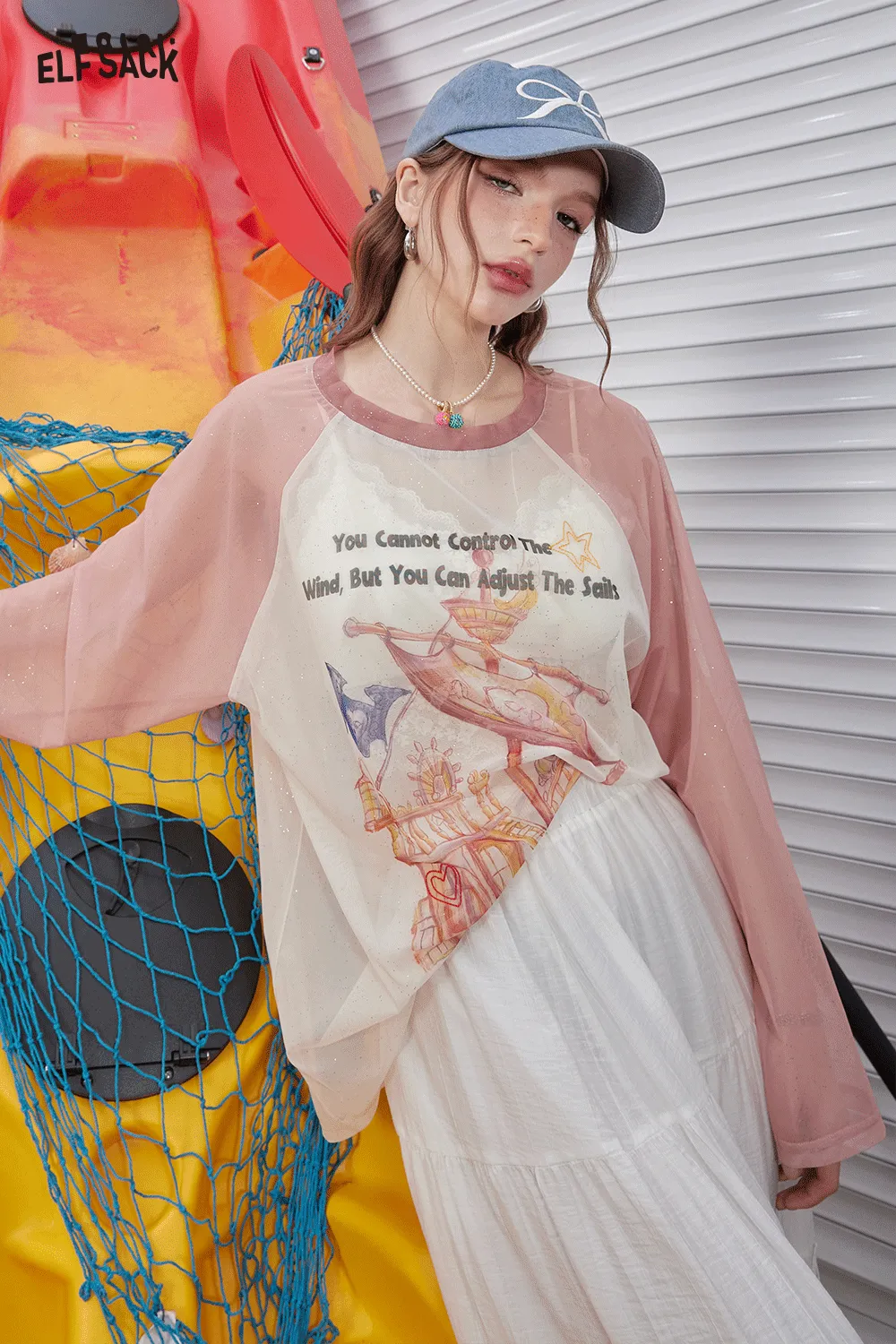 ELFSACK 2024 Summer New Arrivals Shoulder inserted silver printed mesh short sleeved T-shirt for women's casual versatile cover up