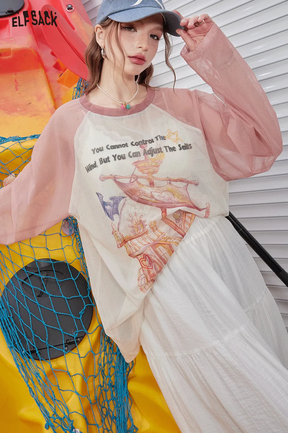 ELFSACK 2024 Summer New Arrivals Shoulder inserted silver printed mesh short sleeved T-shirt for women's casual versatile cover up