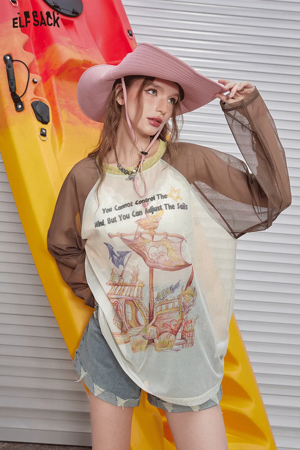 ELFSACK 2024 Summer New Arrivals Shoulder inserted silver printed mesh short sleeved T-shirt for women's casual versatile cover up