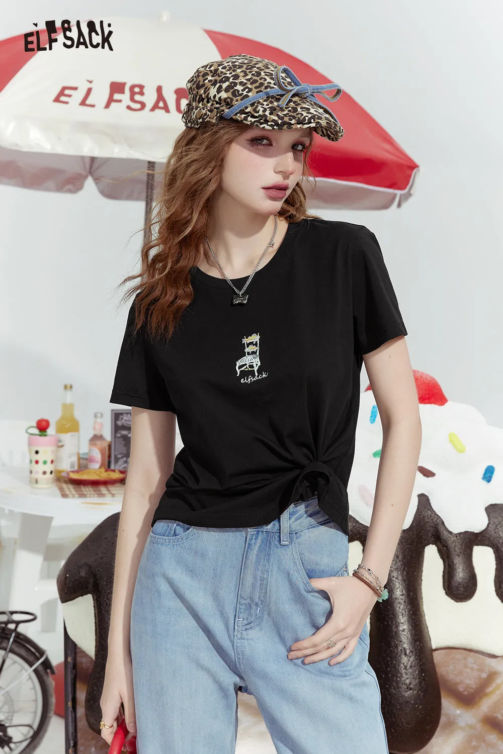 ELFSACK 2024 Summer New Multi-color straight shoulder slim fit cute style versatile short-sleeved T-shirt for women