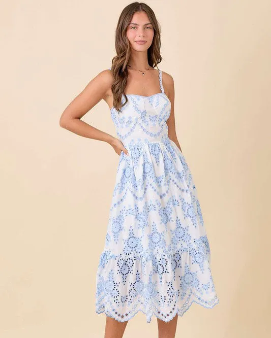 Eyelet Detail Midi Dress - Light Blue
