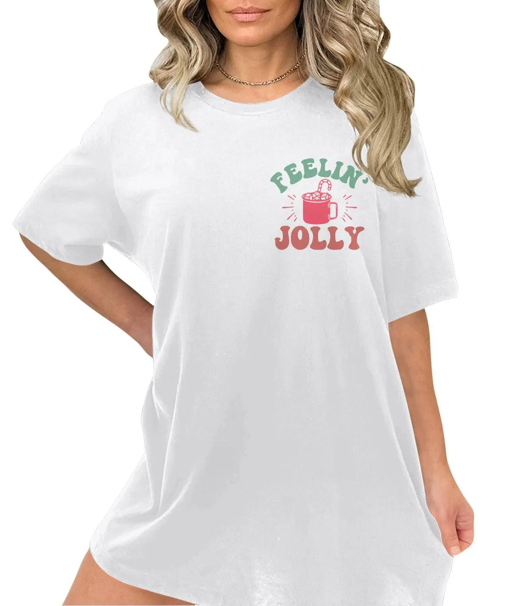 Feelin Jolly Christmas Shirt Retro Letter Print Oversized Top Groovy Christmas Tees