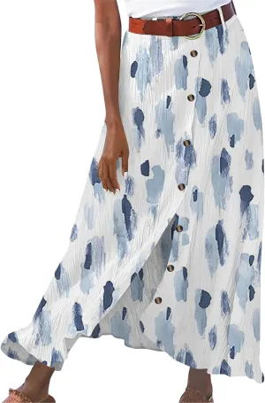 GRASWE Womens Button Front High Waist Casual Maxi Skirt Work Office Cotton Linen Long Skirt Loose A Line Skirt