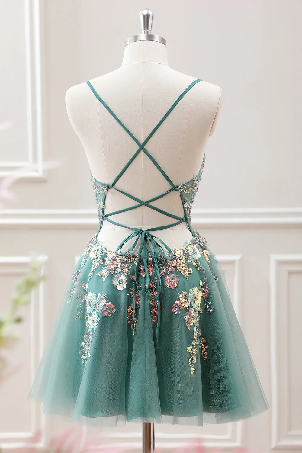 Green A Line Beaded Sequined Corset Tulle Mini Dress