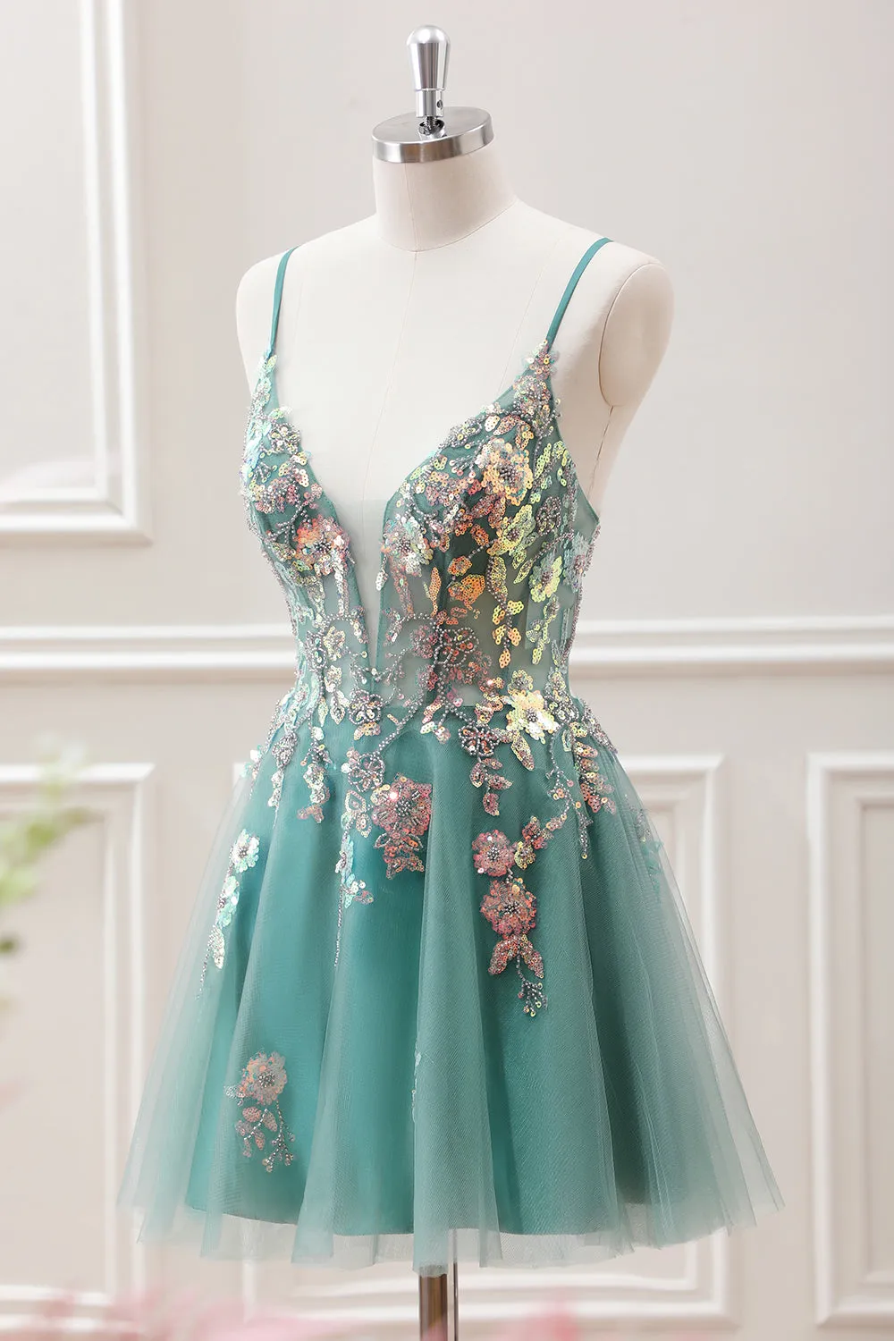 Green A Line Beaded Sequined Corset Tulle Mini Dress