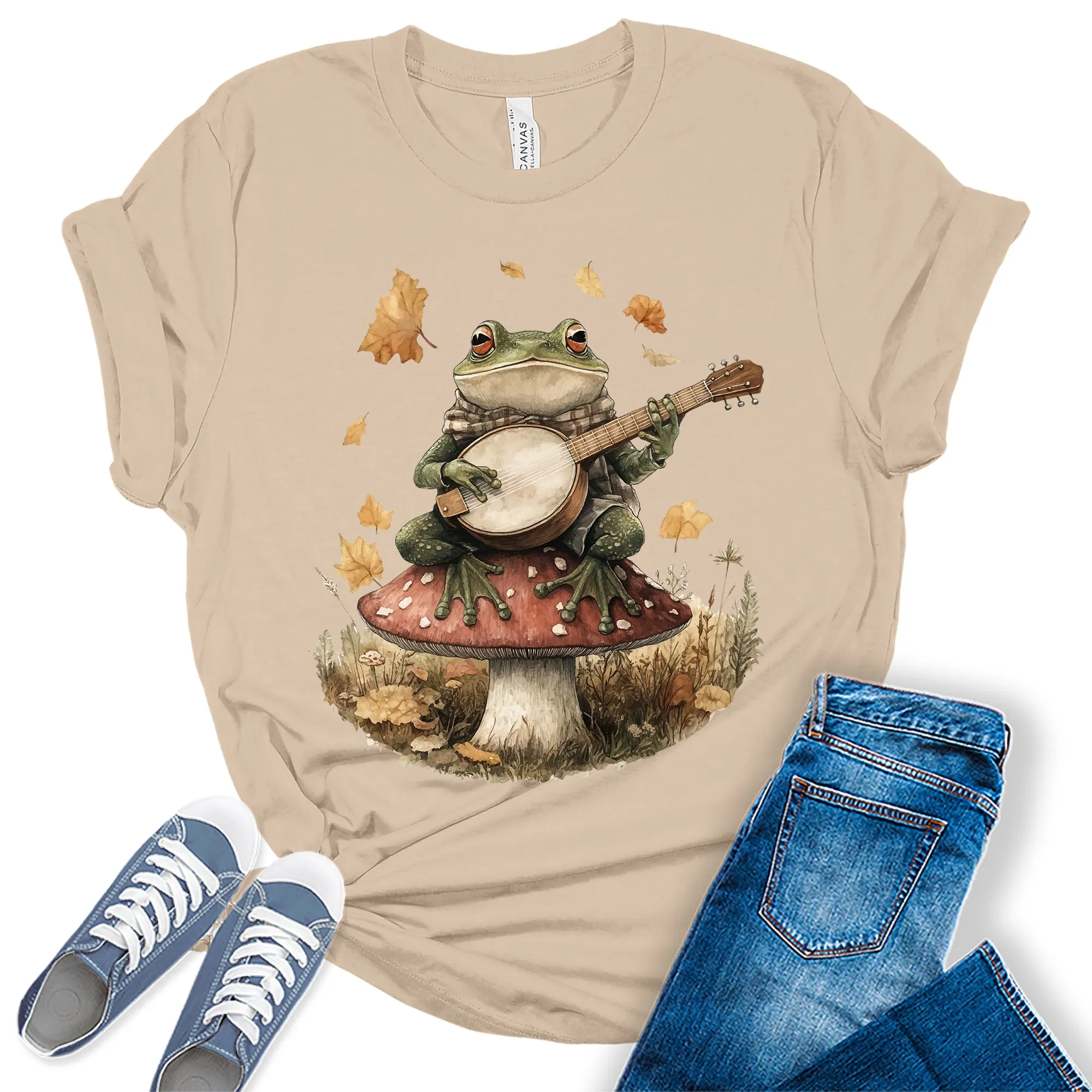 GyftWear Womens Frog Playing Banjo T-Shirt Fall Trendy Cottagecore Short Sleeve Graphic Tees