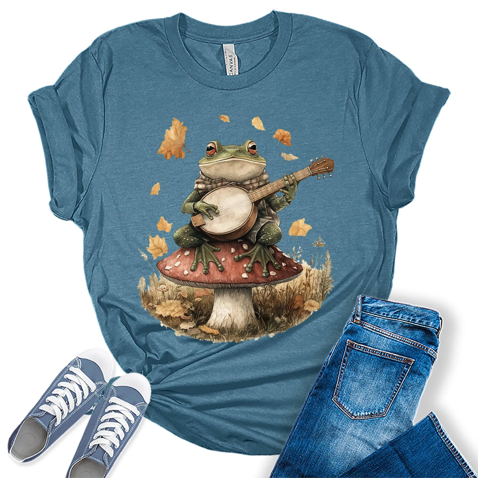 GyftWear Womens Frog Playing Banjo T-Shirt Fall Trendy Cottagecore Short Sleeve Graphic Tees