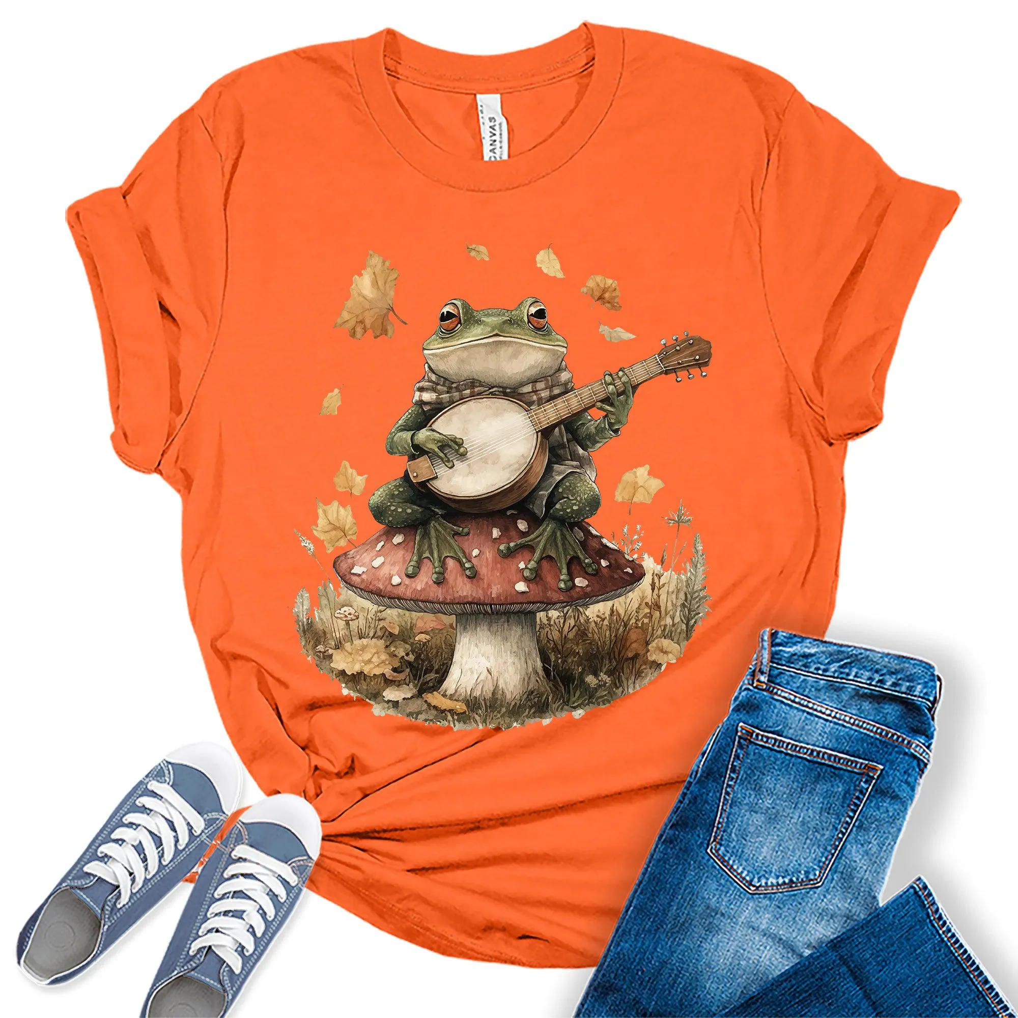 GyftWear Womens Frog Playing Banjo T-Shirt Fall Trendy Cottagecore Short Sleeve Graphic Tees