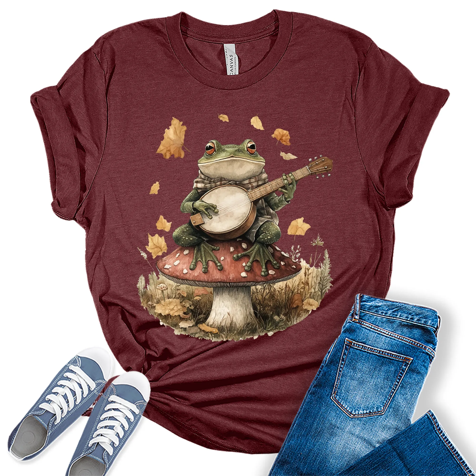 GyftWear Womens Frog Playing Banjo T-Shirt Fall Trendy Cottagecore Short Sleeve Graphic Tees