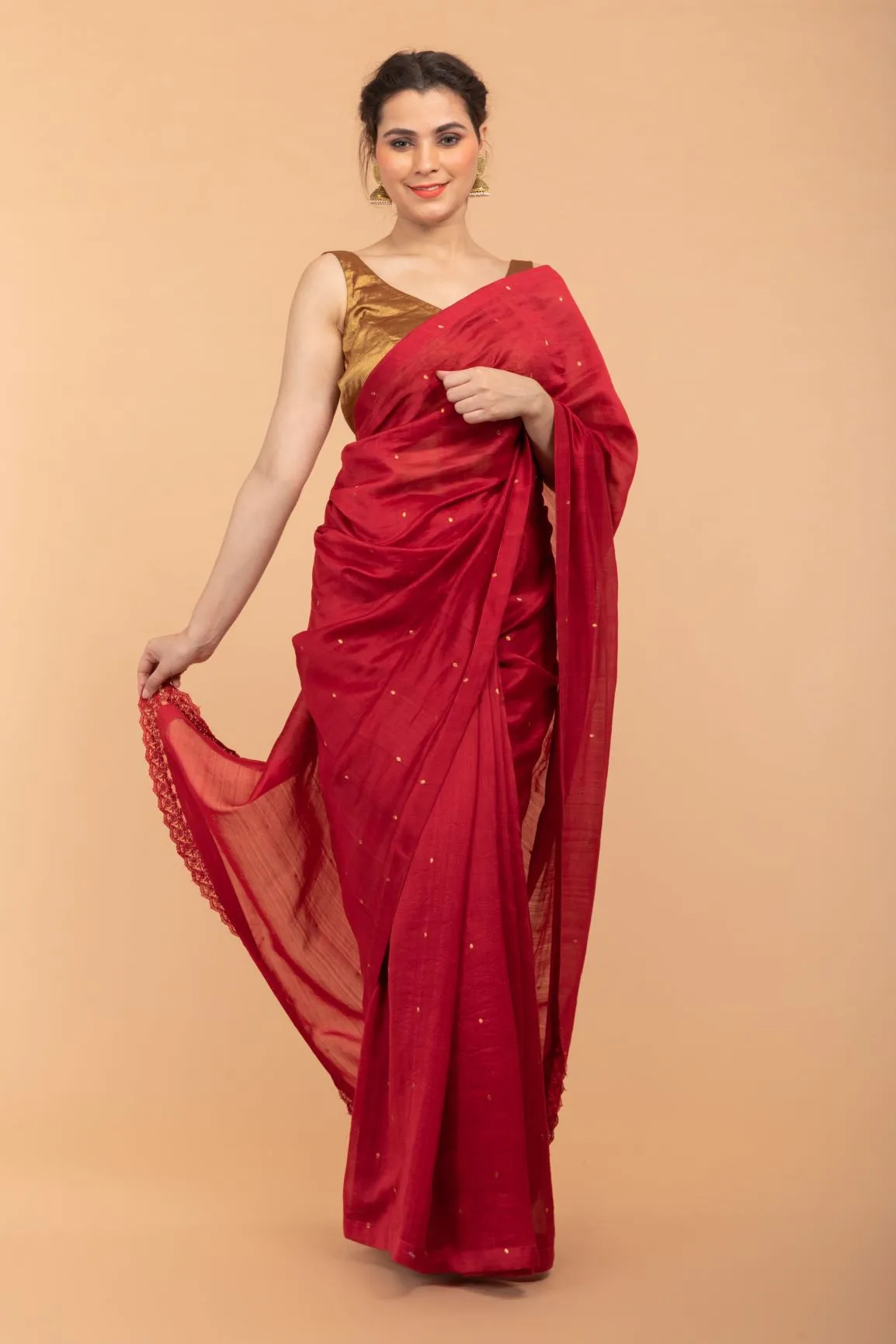 Handcrafted Saree in Cranberry Red Chanderi Handloom Silk