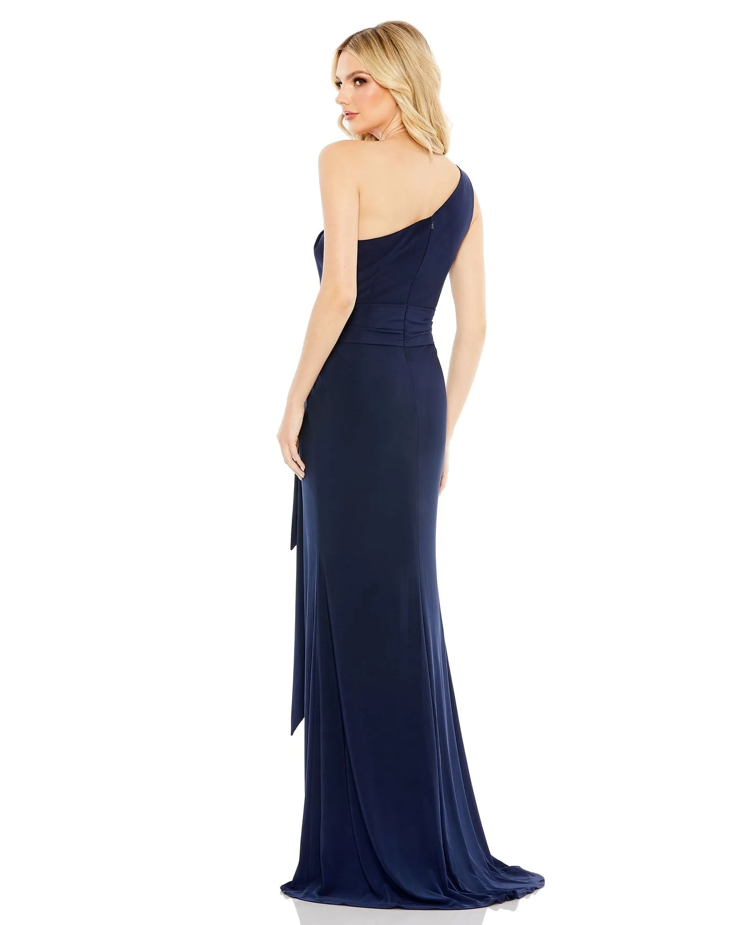 Jersey one shoulder belted trumpet gown - Navy