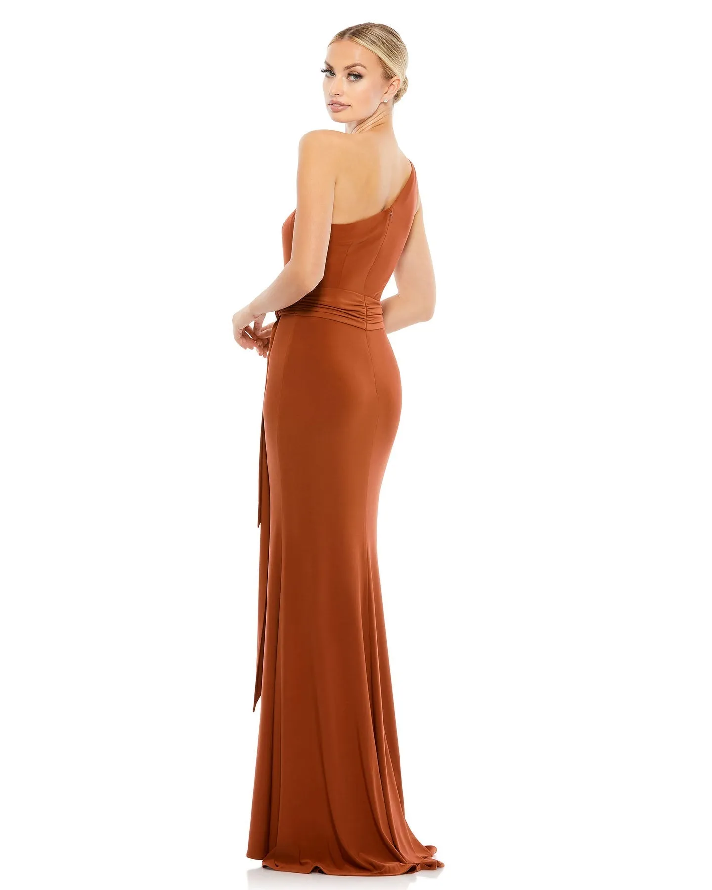 Jersey one shoulder belted trumpet gown - Navy