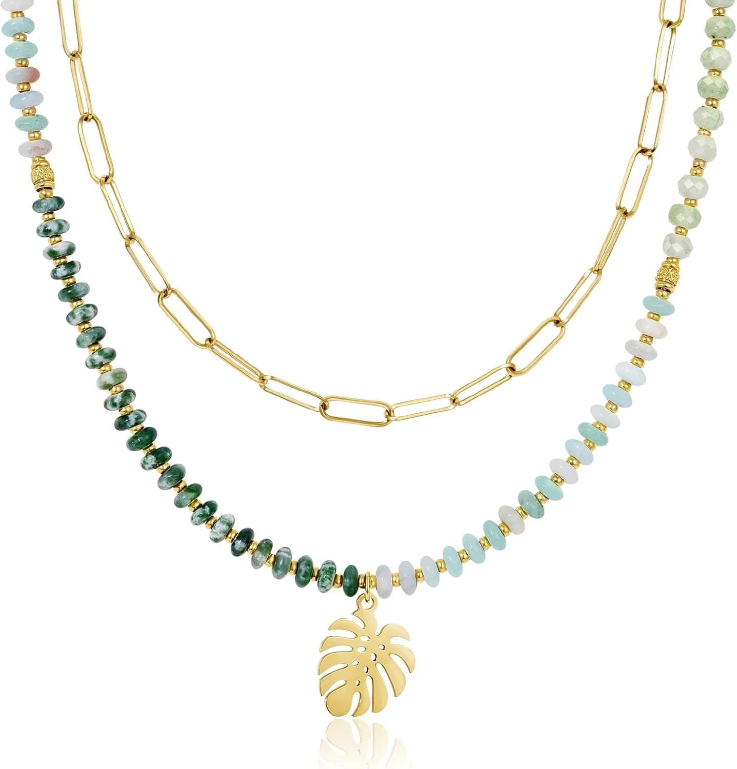 KissYan Beaded Necklaces for Women, 14k Gold Plated Layered Pendant Necklace with Link Chain, Boho Natural Gemstone Choker Summer Beach Jewelry