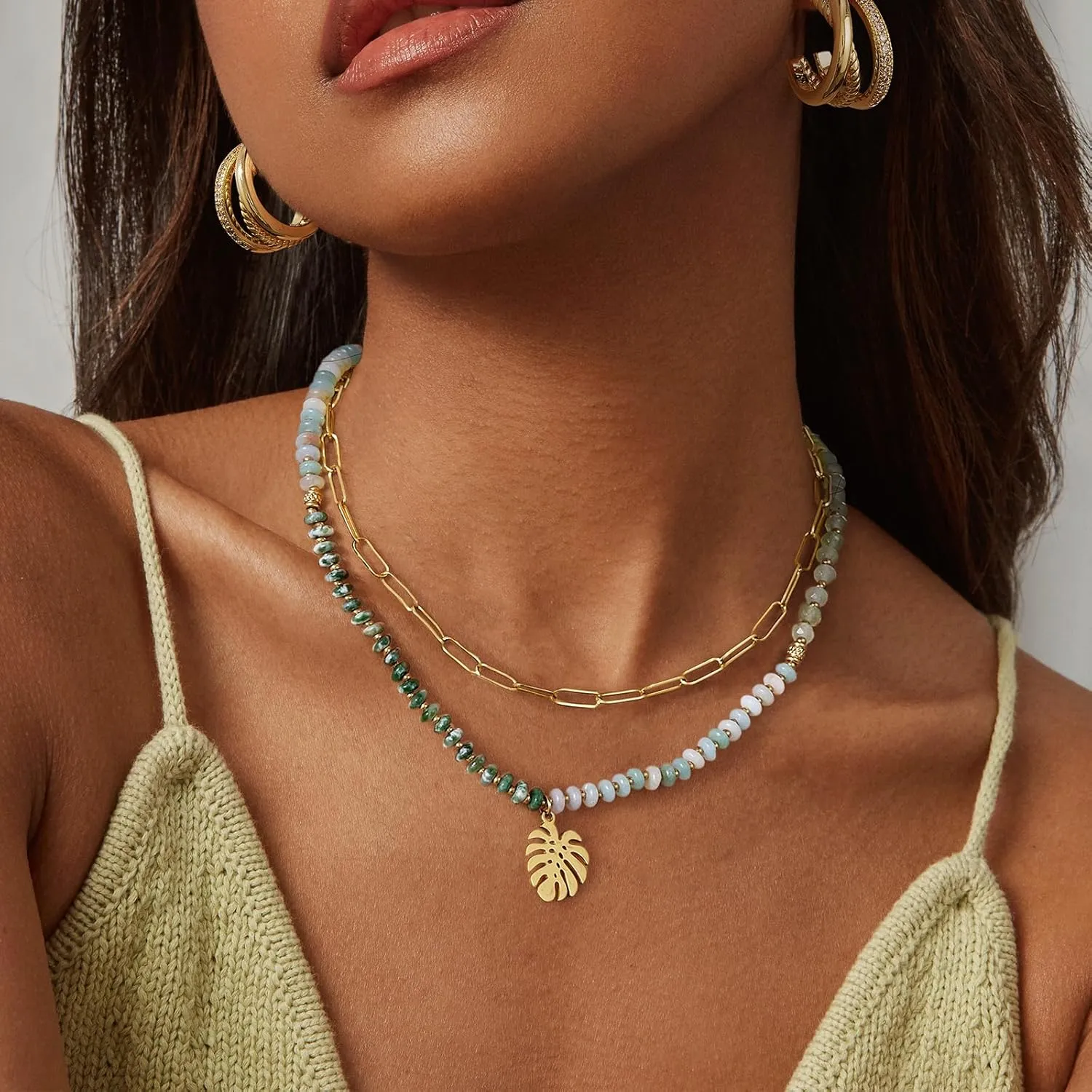 KissYan Beaded Necklaces for Women, 14k Gold Plated Layered Pendant Necklace with Link Chain, Boho Natural Gemstone Choker Summer Beach Jewelry