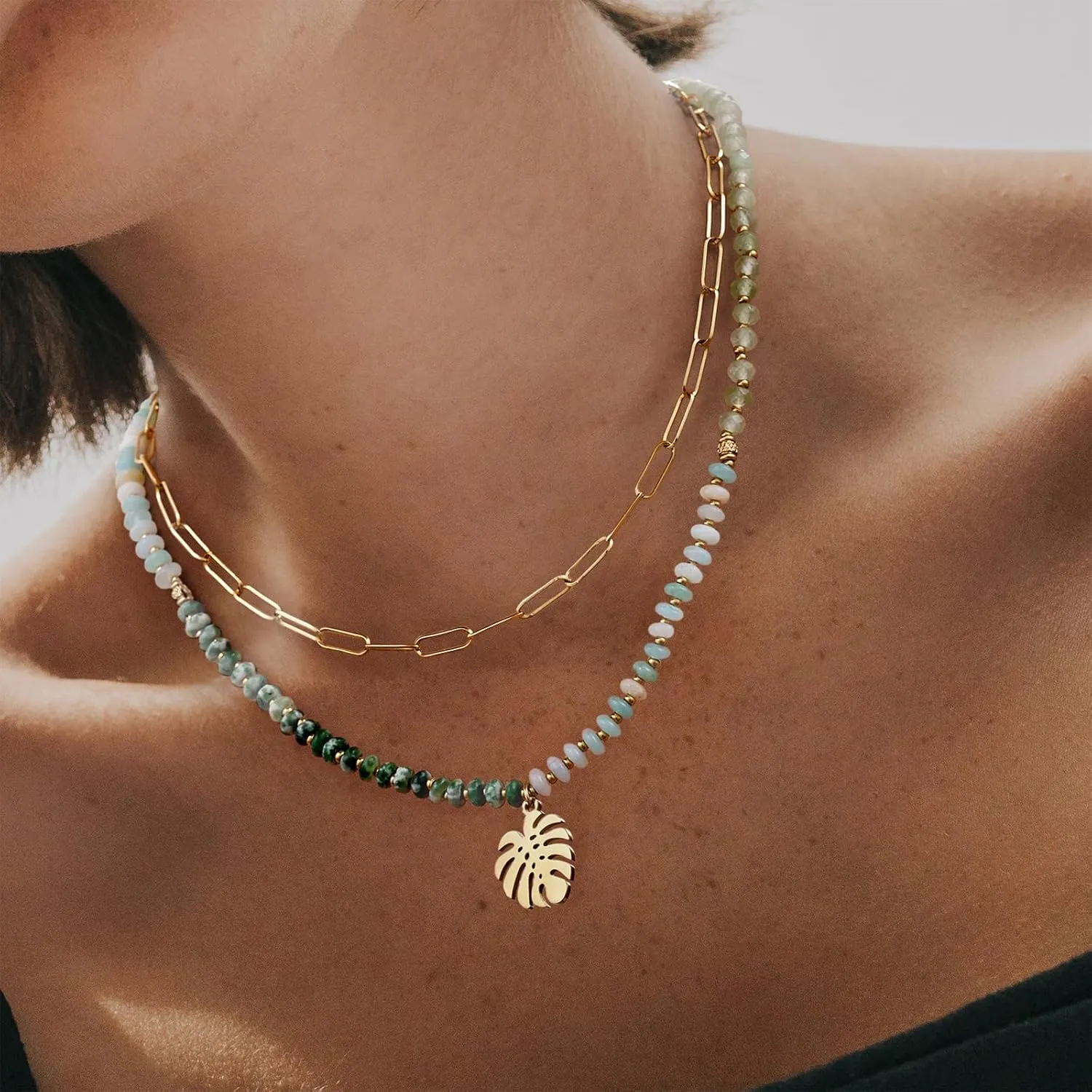 KissYan Beaded Necklaces for Women, 14k Gold Plated Layered Pendant Necklace with Link Chain, Boho Natural Gemstone Choker Summer Beach Jewelry