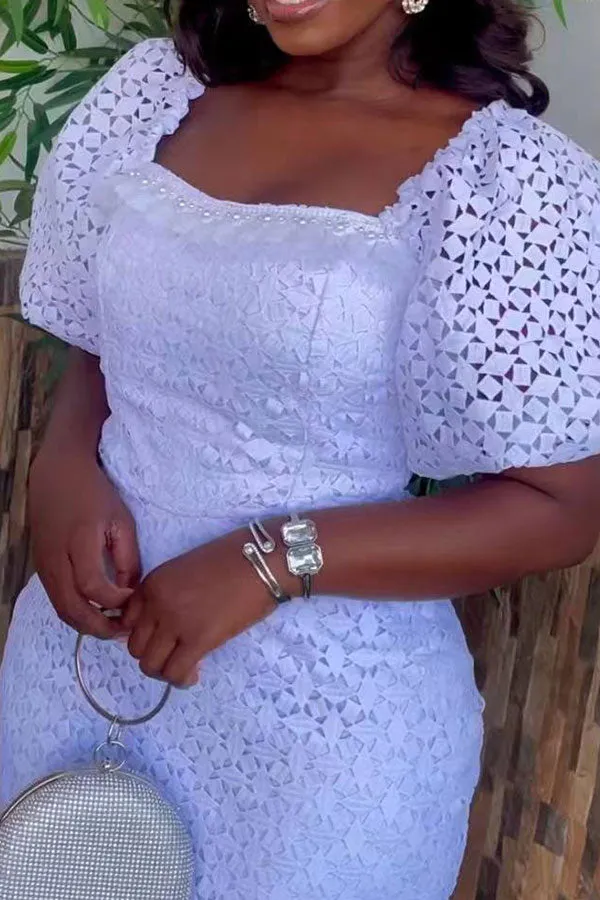 Lace Hollow-Out Feminine Square Collar Midi Dress