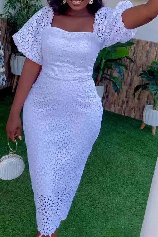Lace Hollow-Out Feminine Square Collar Midi Dress