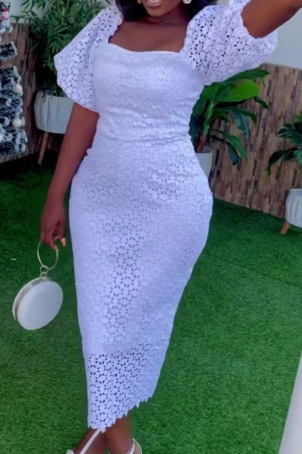 Lace Hollow-Out Feminine Square Collar Midi Dress