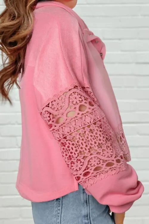 Lace Inset Snap Button Sweatshirt Top in a Carnation Pink