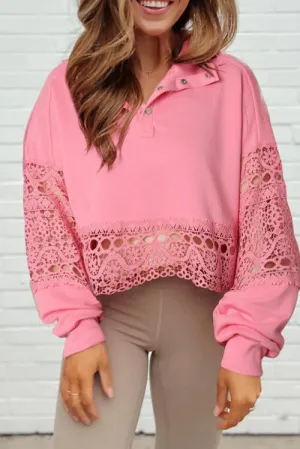 Lace Inset Snap Button Sweatshirt Top in a Carnation Pink