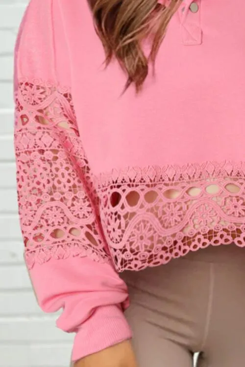 Lace Inset Snap Button Sweatshirt Top in a Carnation Pink