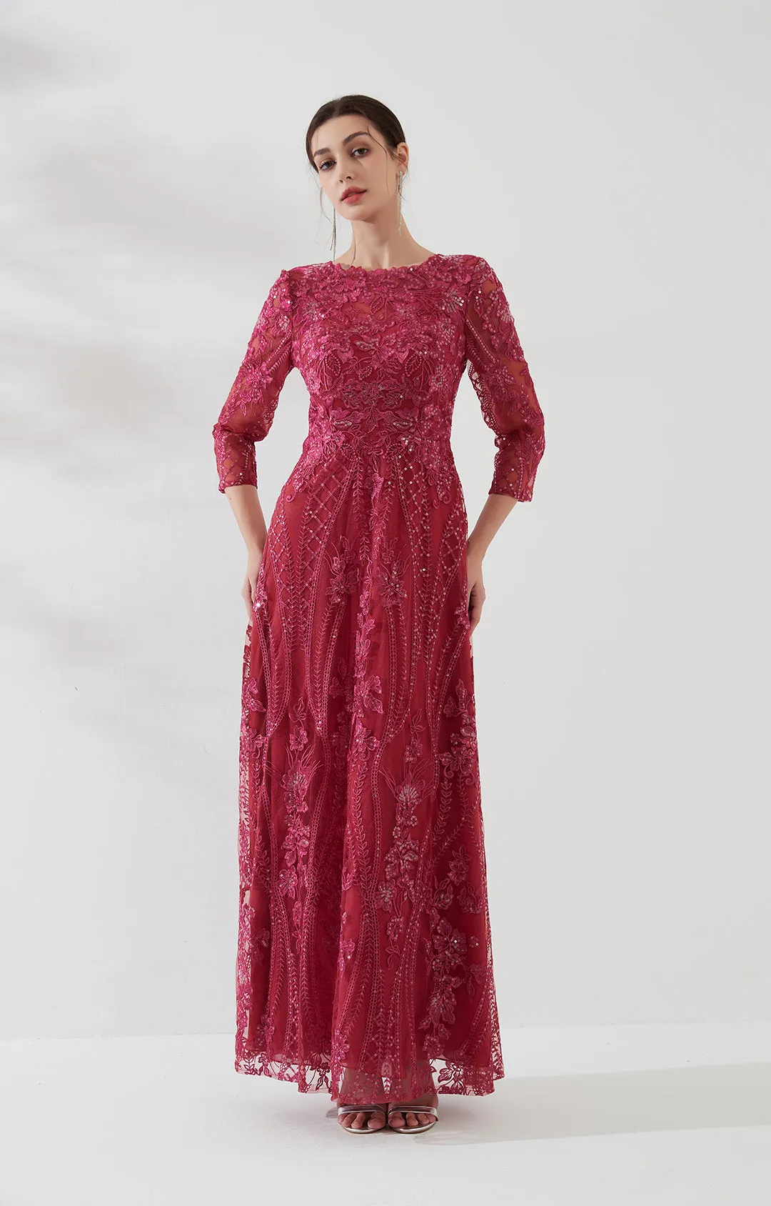 Lace Round Neck Long Sleeve Sequin Embroidered Zipper Dress