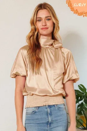 Light Taupe Waist Smocked Mock Neck Short Puff Sleeves Satin Blouse_