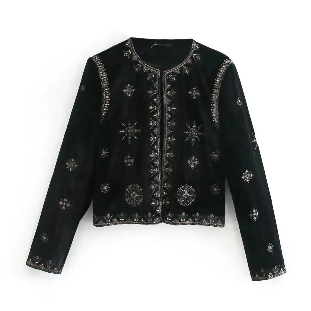 LVSANW 2024 Zarb Spring/Summer New Women's Fashion and Versatile Slim Fit Trendy Palace Embroidered Velvet Coat