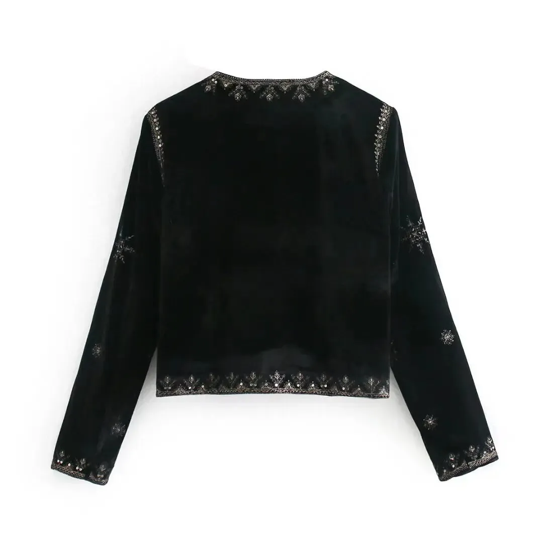 LVSANW 2024 Zarb Spring/Summer New Women's Fashion and Versatile Slim Fit Trendy Palace Embroidered Velvet Coat