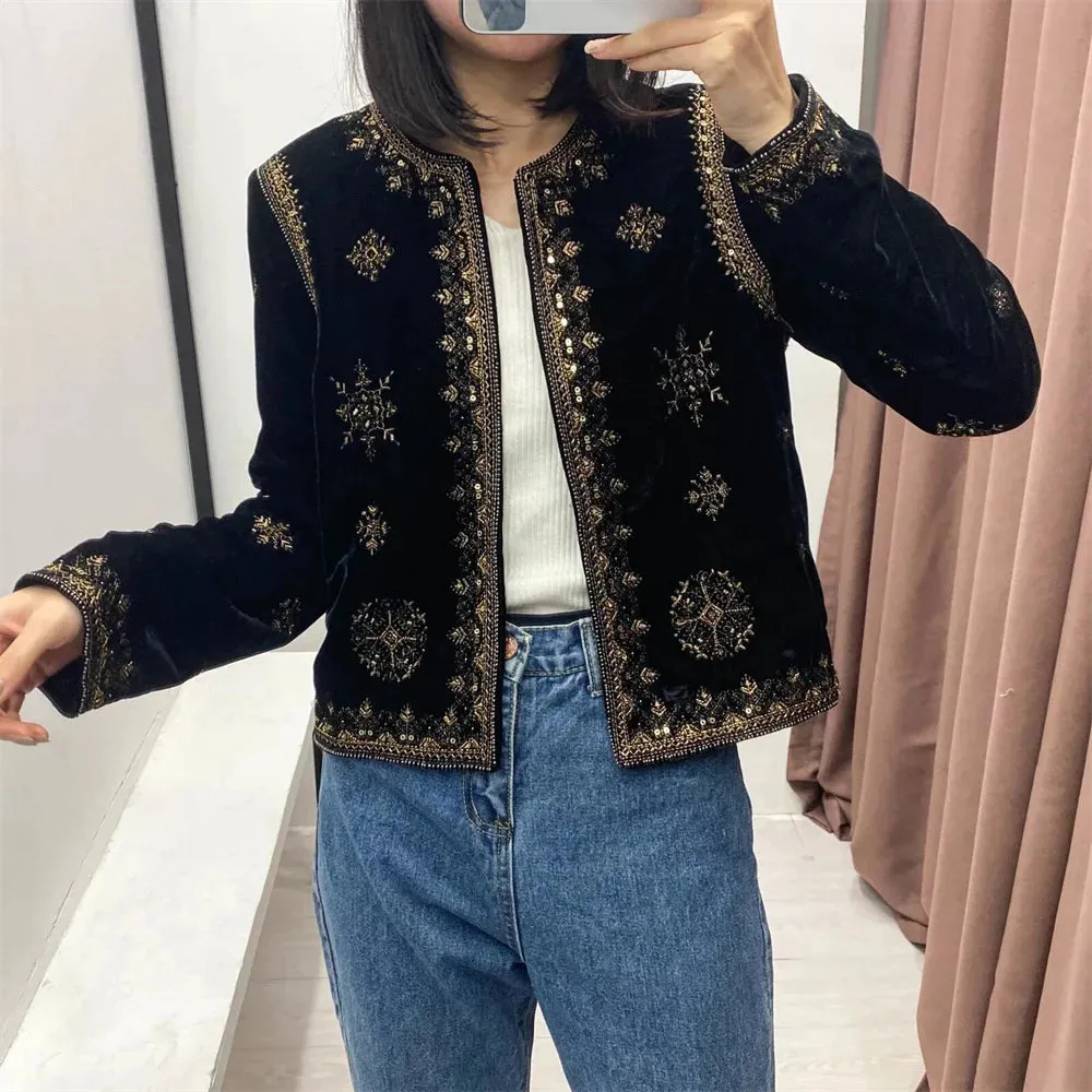 LVSANW 2024 Zarb Spring/Summer New Women's Fashion and Versatile Slim Fit Trendy Palace Embroidered Velvet Coat