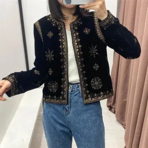 LVSANW 2024 Zarb Spring/Summer New Women's Fashion and Versatile Slim Fit Trendy Palace Embroidered Velvet Coat
