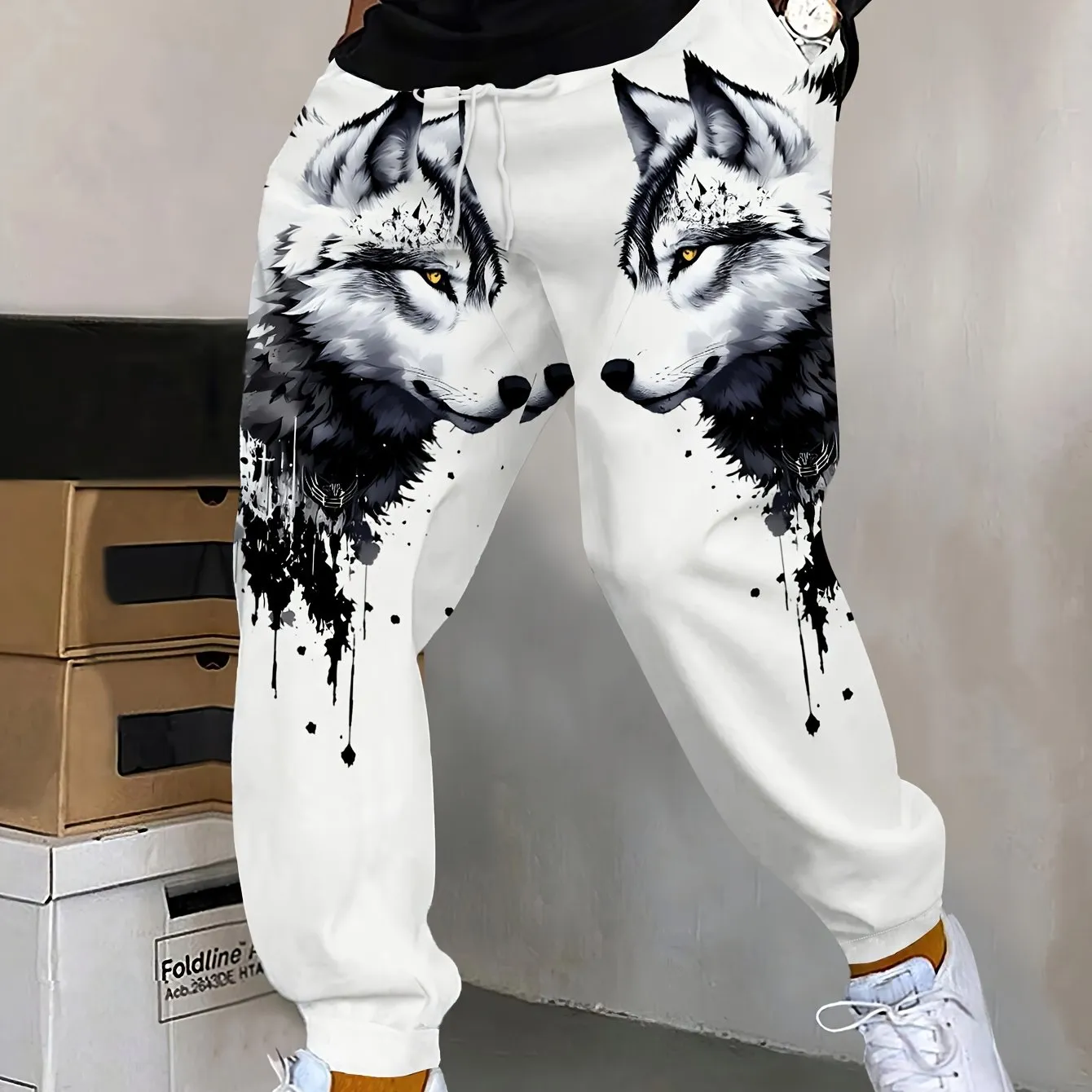 Men's Casual Wolf Print Sweatpants - 100% Polyester Knit Fabric with Slight Stretch, Regular Fit Trousers for Weekend Casual - Spring/Fall Season Track Pants with Animal Design