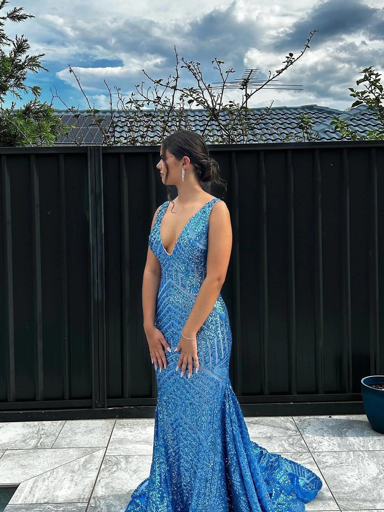 Mermaid Deep V neck Sparkly long Prom Dress Sequins Formal Dresses KPY020