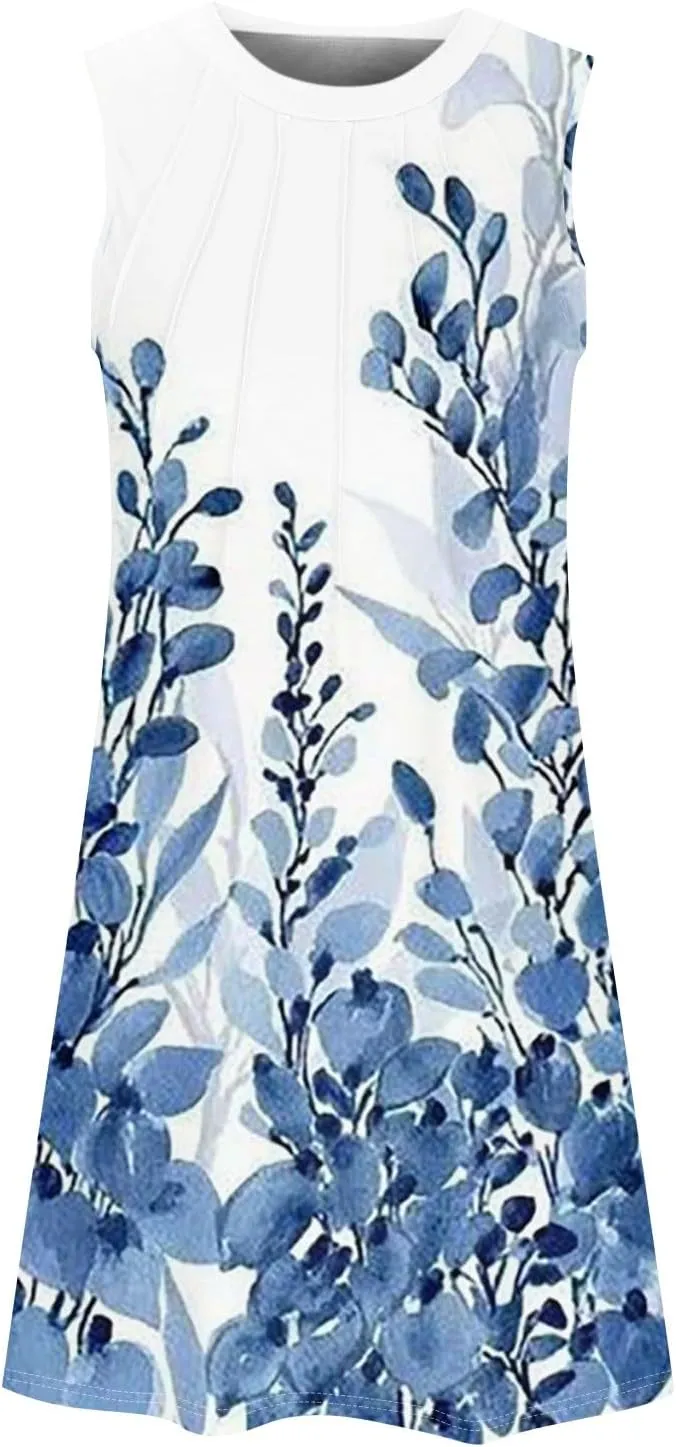 Midi Dresses for Women Hawaiian Beach Vacation Pleated U-Neck Sleeveless Summer Tank Dress Dress A-Line Boho Sundress