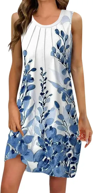 Midi Dresses for Women Hawaiian Beach Vacation Pleated U-Neck Sleeveless Summer Tank Dress Dress A-Line Boho Sundress