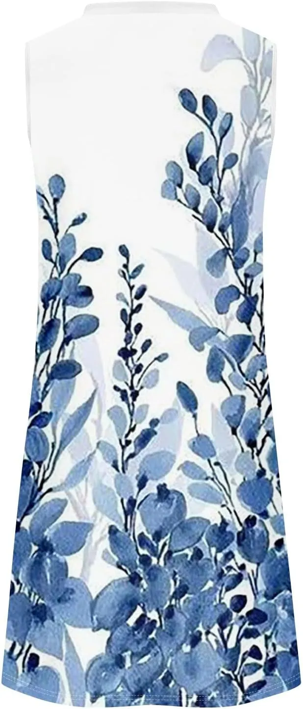 Midi Dresses for Women Hawaiian Beach Vacation Pleated U-Neck Sleeveless Summer Tank Dress Dress A-Line Boho Sundress