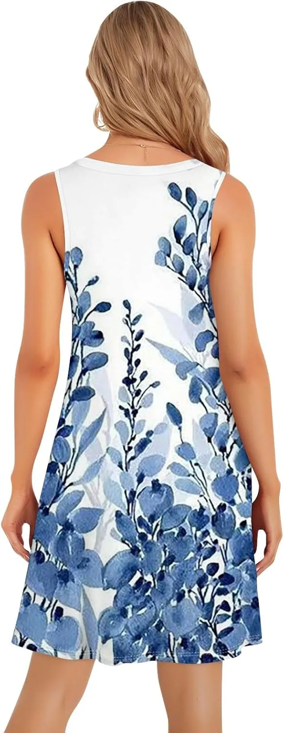 Midi Dresses for Women Hawaiian Beach Vacation Pleated U-Neck Sleeveless Summer Tank Dress Dress A-Line Boho Sundress