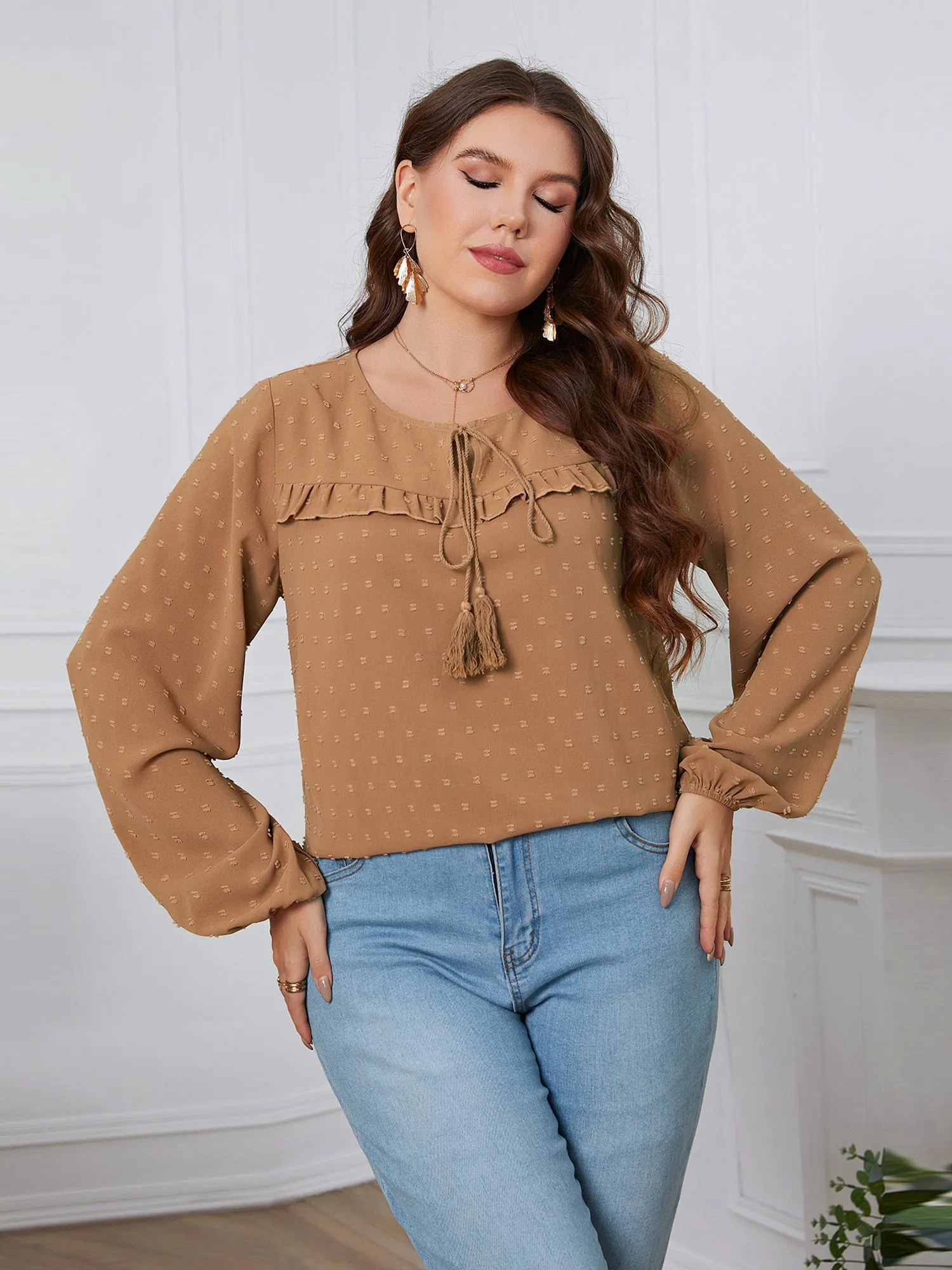 Midsize Lady Ruffle Hem Lantern Sleeve Blouse