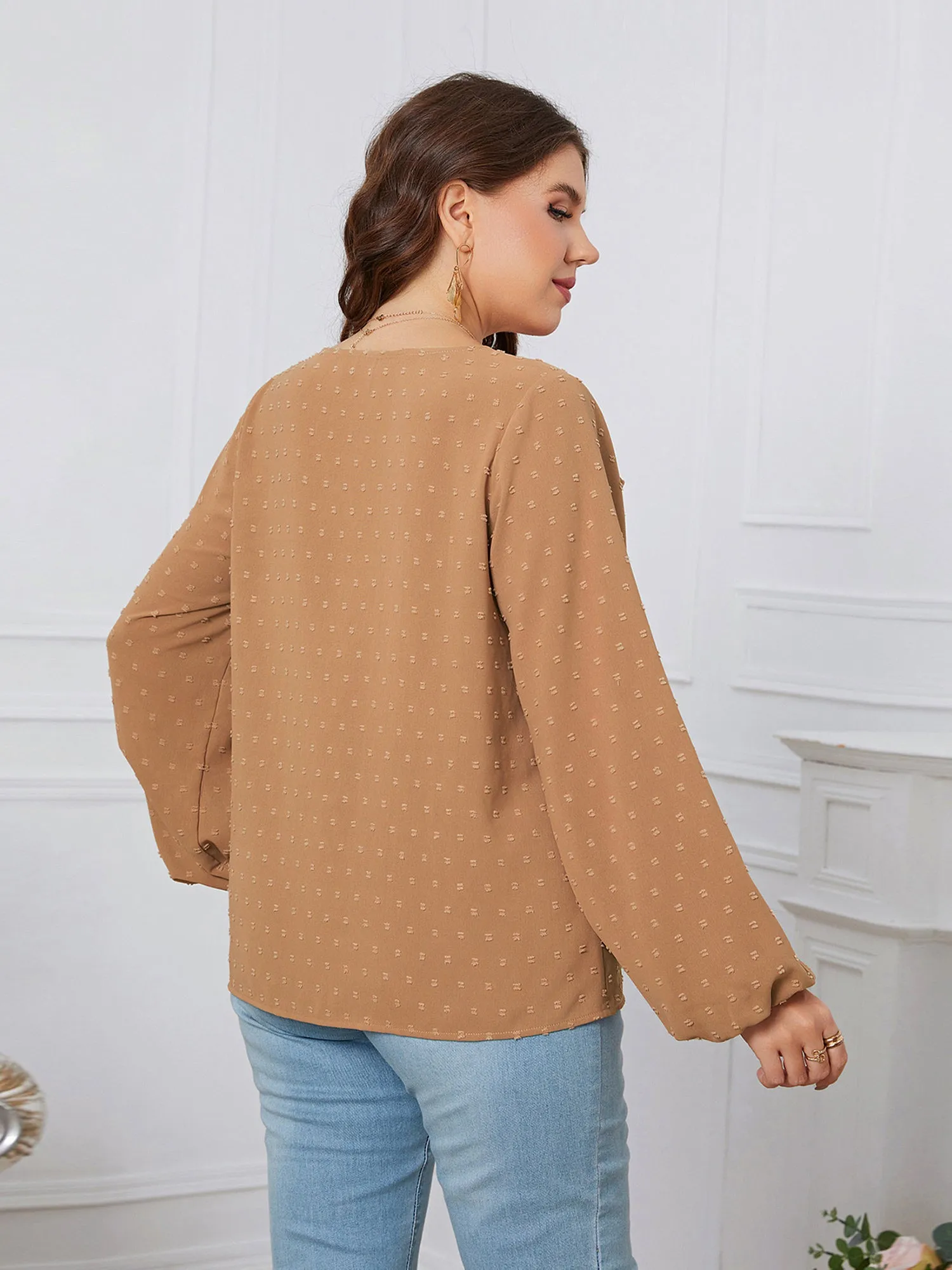 Midsize Lady Ruffle Hem Lantern Sleeve Blouse