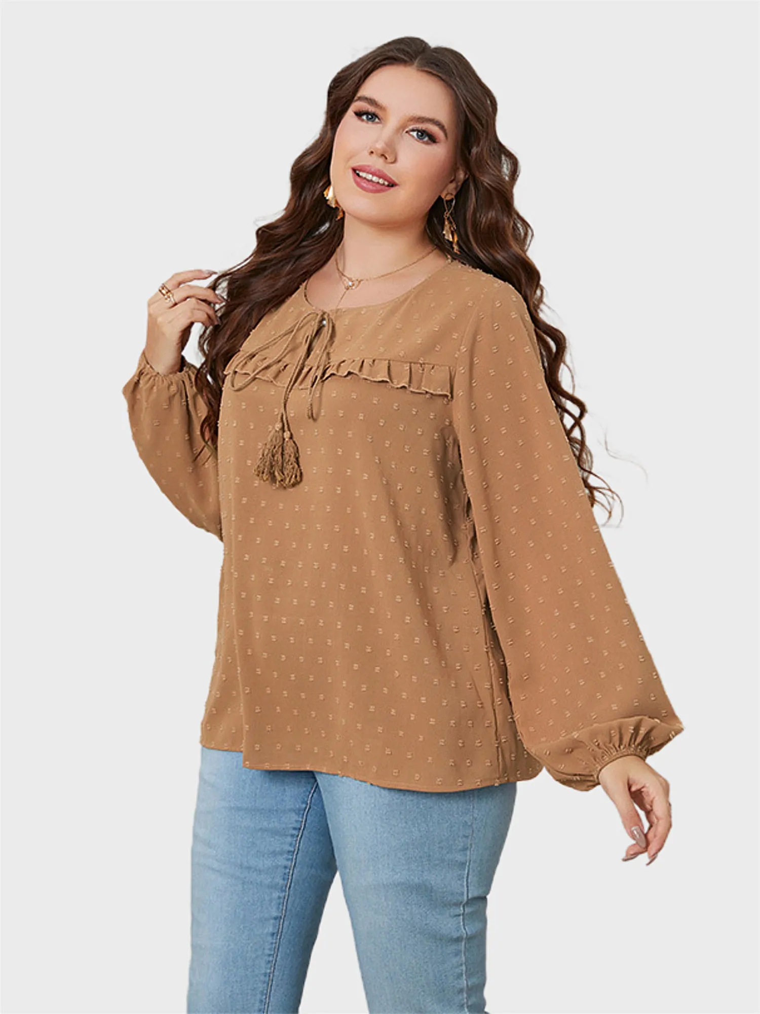 Midsize Lady Ruffle Hem Lantern Sleeve Blouse