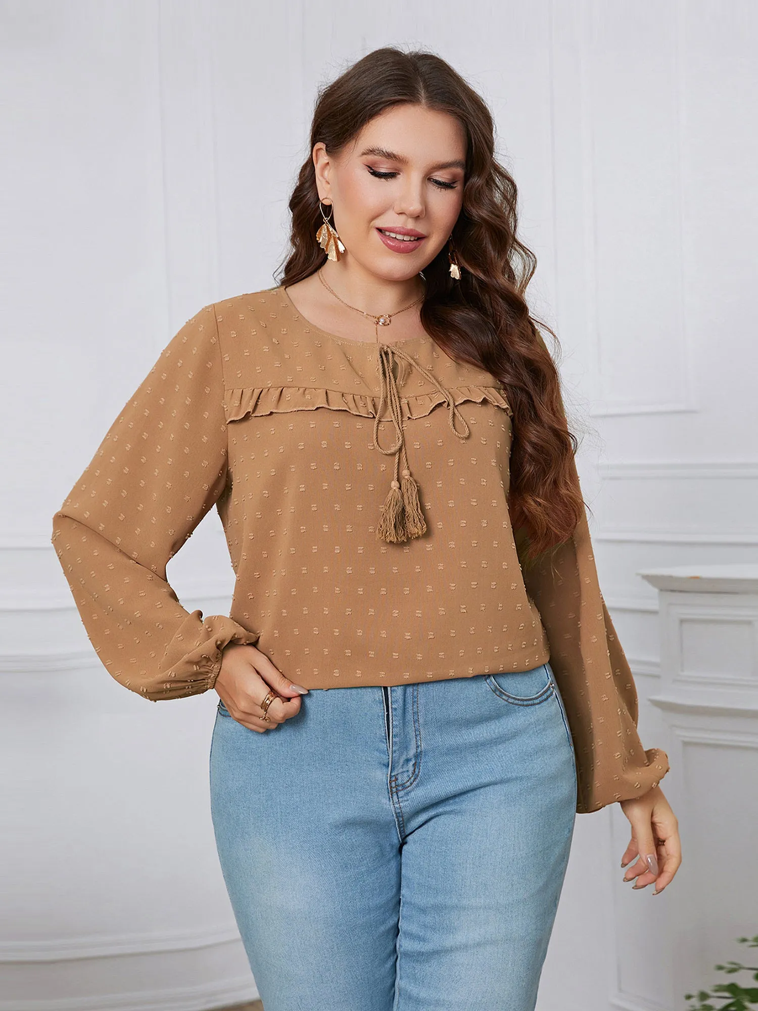 Midsize Lady Ruffle Hem Lantern Sleeve Blouse