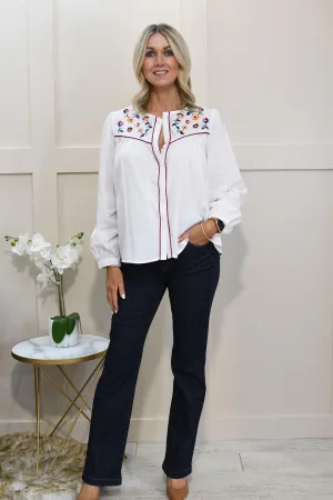 Musy Muse White Shirt With Floral Embroidered Detail & Berry Trim-M637-1