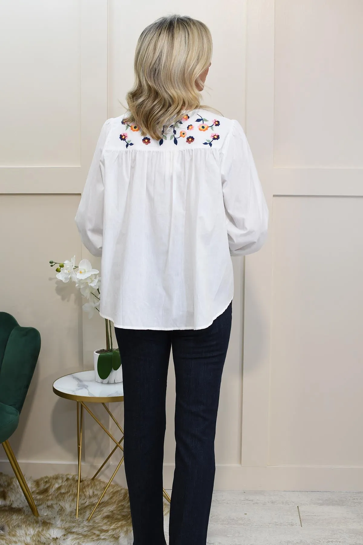 Musy Muse White Shirt With Floral Embroidered Detail & Berry Trim-M637-1