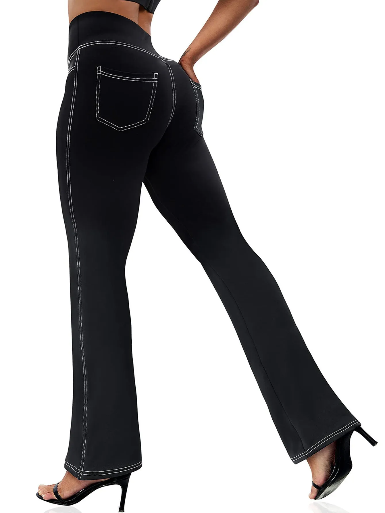 Plus Size Women's High-Waisted Flare Pants Stretchy Polyester Spandex Elastic Waist Lounge Trousers Sizes 0XL-5XL 30" Inseam