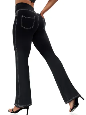 Plus Size Women's High-Waisted Flare Pants Stretchy Polyester Spandex Elastic Waist Lounge Trousers Sizes 0XL-5XL 30" Inseam