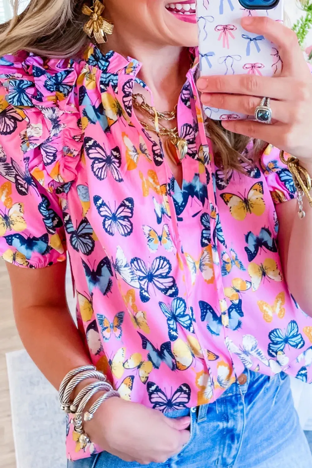 Purple Butterfly Print Ruffled Puff Sleeve Tied V Neck Blouse