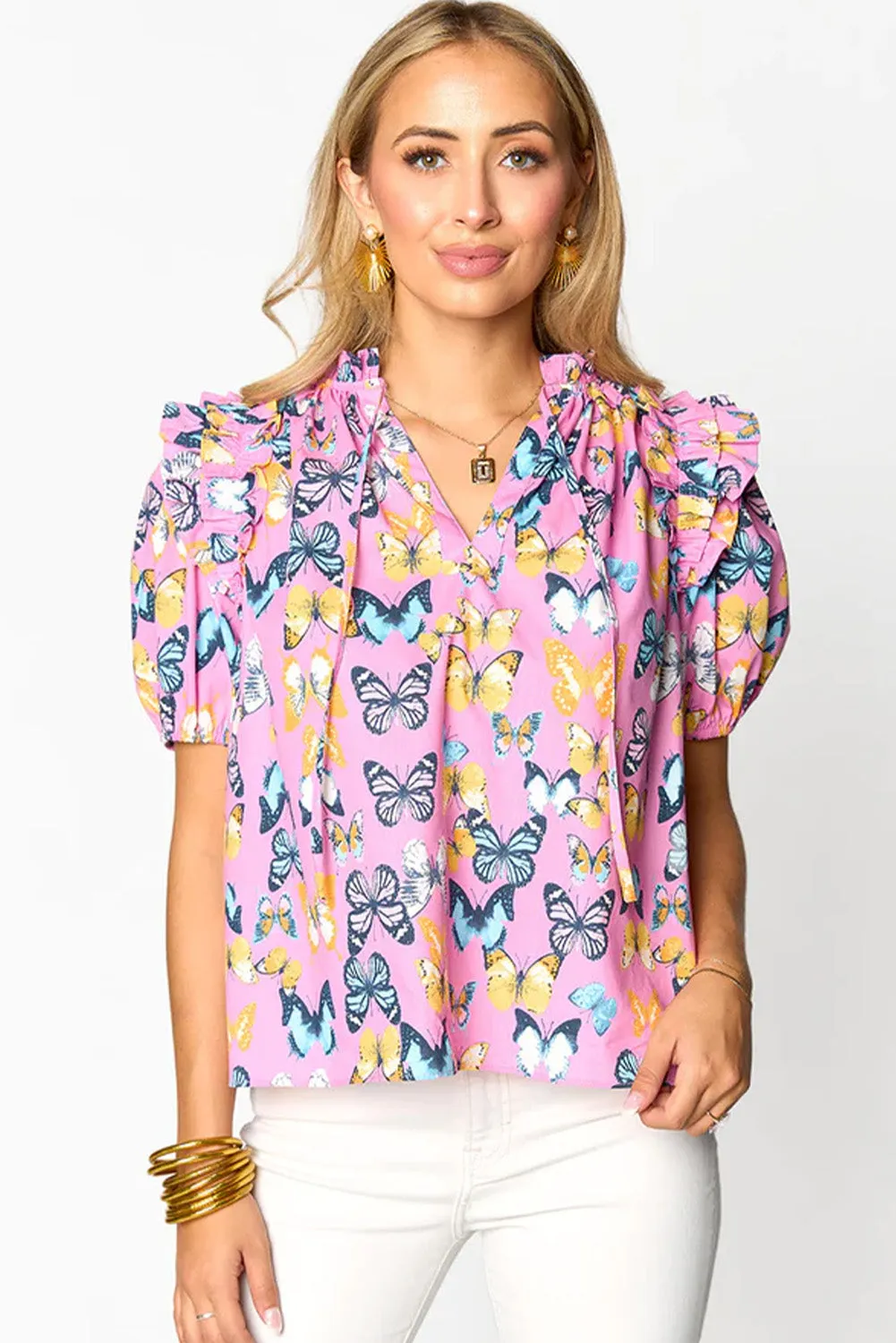 Purple Butterfly Print Ruffled Puff Sleeve Tied V Neck Blouse